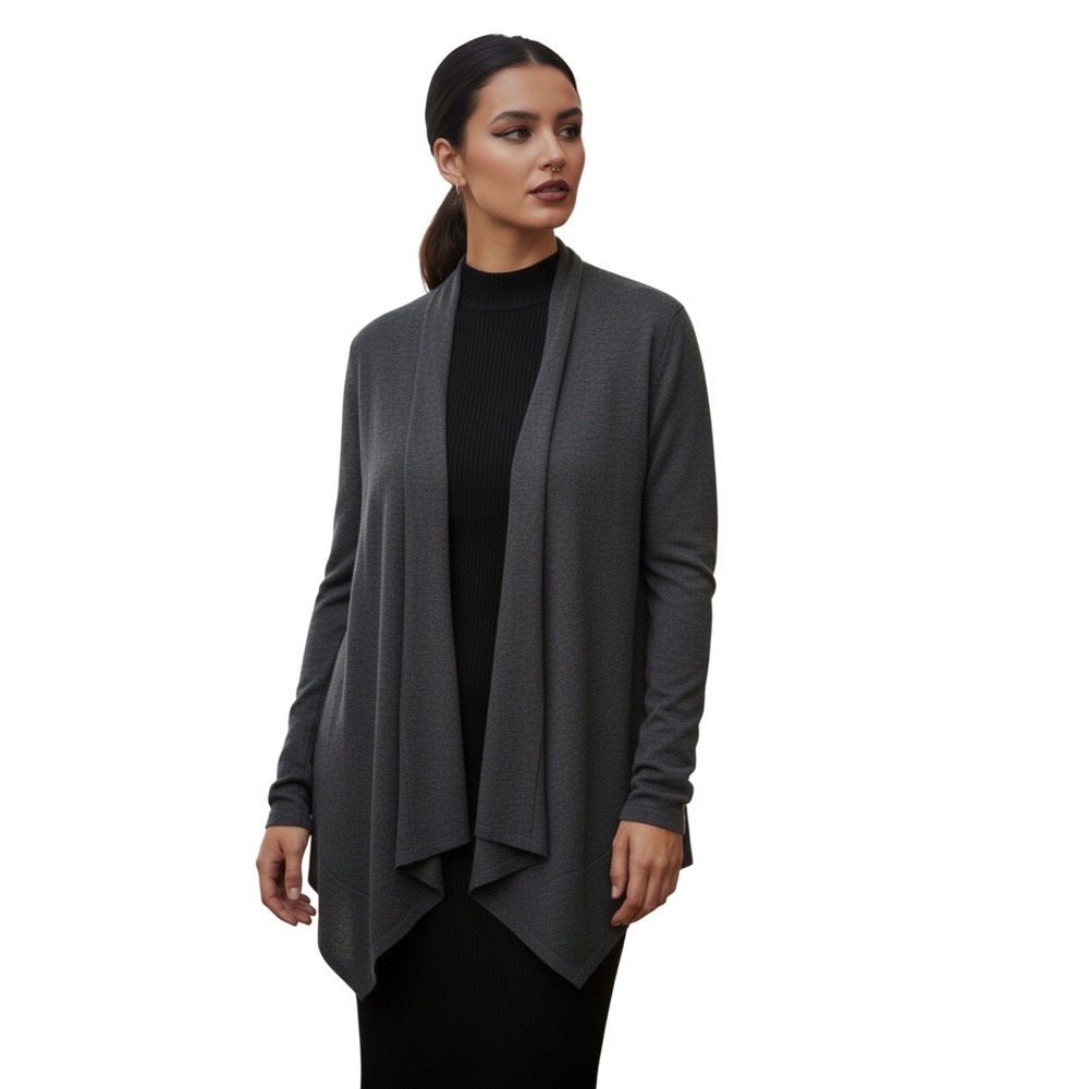 Aqua 100%‎ Cashmere Medium Charcoal Gray Open Front Draped Cardigan Sweater M